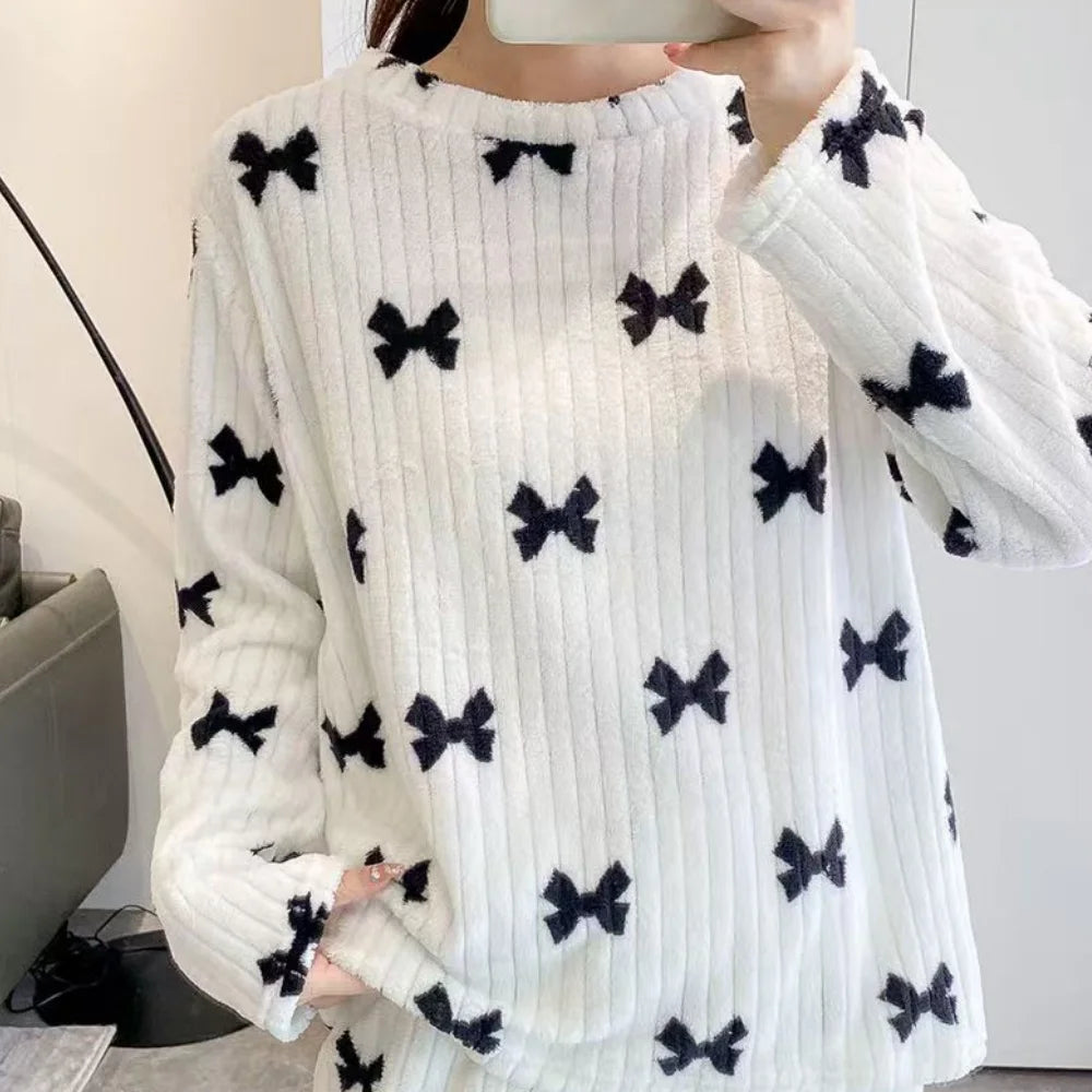 Fleece Pajama Set – Bow Detail & Wide-Leg Pants