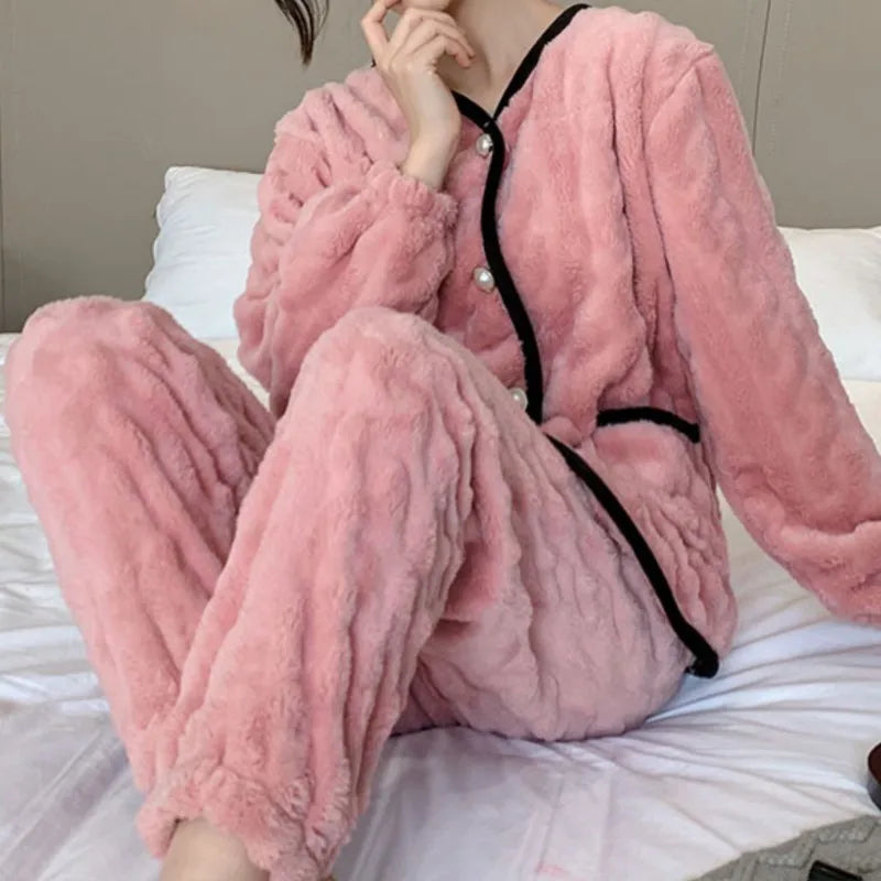 Coral Fleece Lounge Set – Turn-Down Collar & Pants