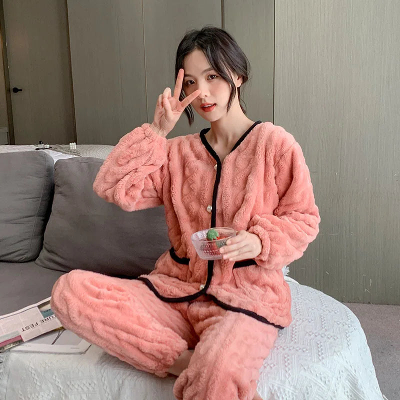 Coral Fleece Lounge Set – Turn-Down Collar & Pants