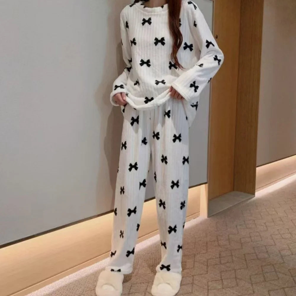 Fleece Pajama Set – Bow Detail & Wide-Leg Pants