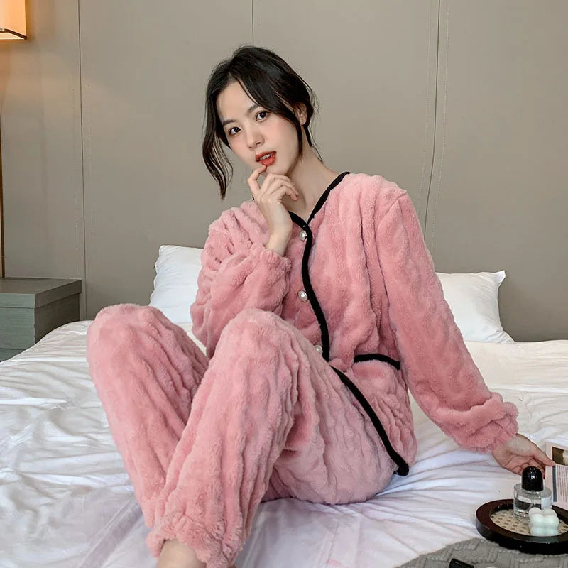 Coral Fleece Lounge Set – Turn-Down Collar & Pants