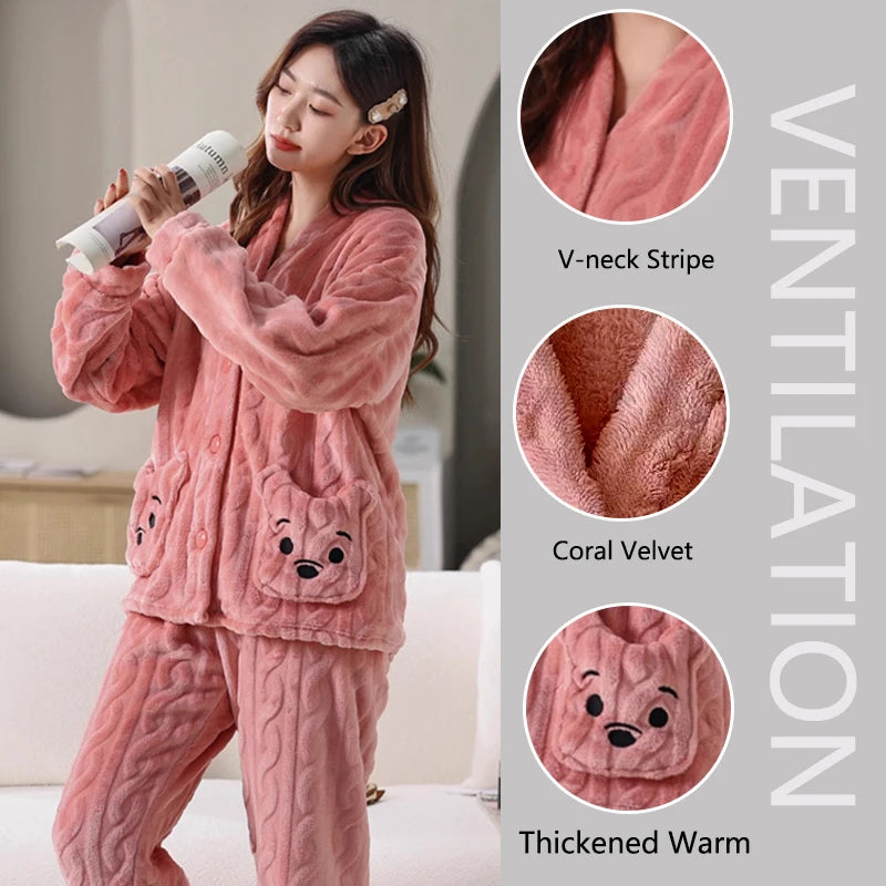 Cartoon Bear Pajama Set – Padded Coral Velvet