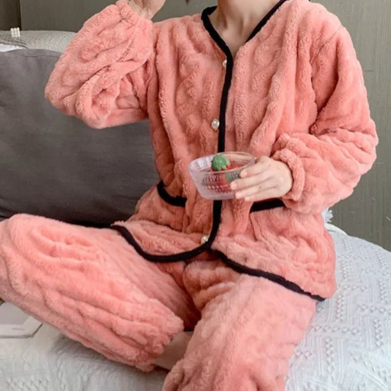 Coral Fleece Lounge Set – Turn-Down Collar & Pants