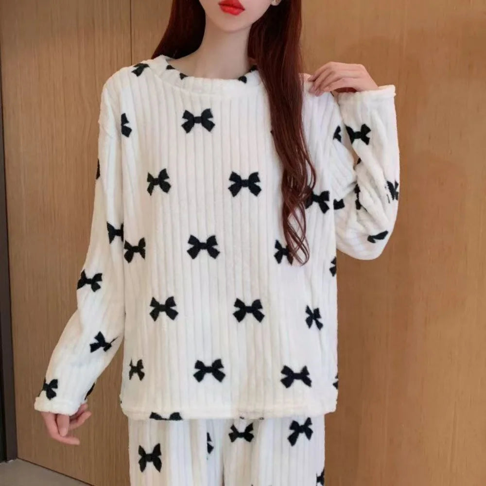 Fleece Pajama Set – Bow Detail & Wide-Leg Pants