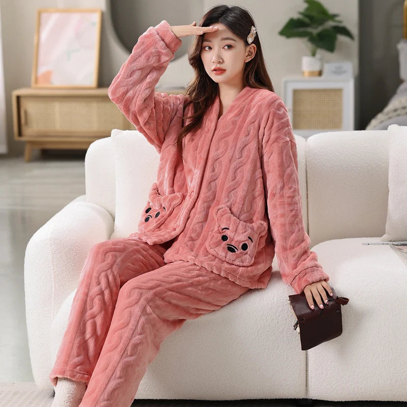 Cartoon Bear Pajama Set – Padded Coral Velvet